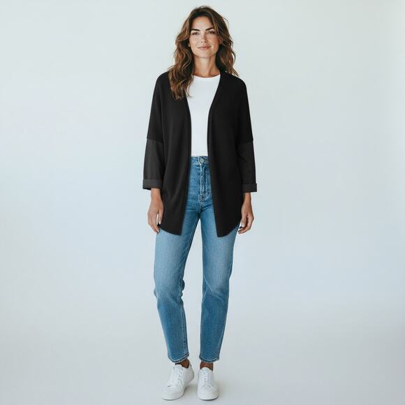 BCBG Generation Black Cardigan Faux Leather Sleeves Size Large Very Unique - Picture 3 of 5